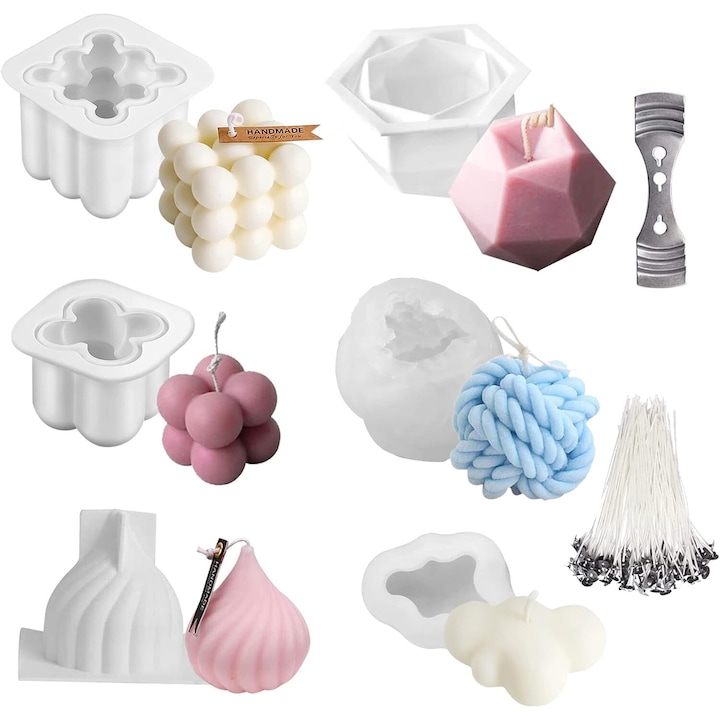 Комплект за правене на свещи DIY, 6 3D форми, 100 фитила 12см, многоцветни