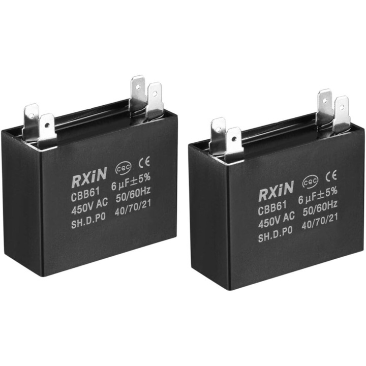 Condensator ventilator de tavan CBB61 6uF 450V AC Condensatori cu film de polipropilena cu insertie dubla metalizata 47x20x37.5mm pentru pompa de apa a motorului generatorului, pachet 2