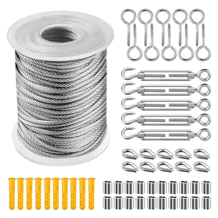 Kit de cablu din inox, 30m, 2mm, cu accesorii pentru suspendare, rezistent la intemperii, pentru gradina si corturi