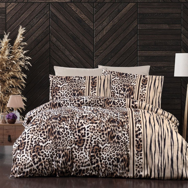 Luxus vászon franciaágy, 100% szatén pamut, lepedő 240x260 cm, 6 db, First Choice, Leopárd barna