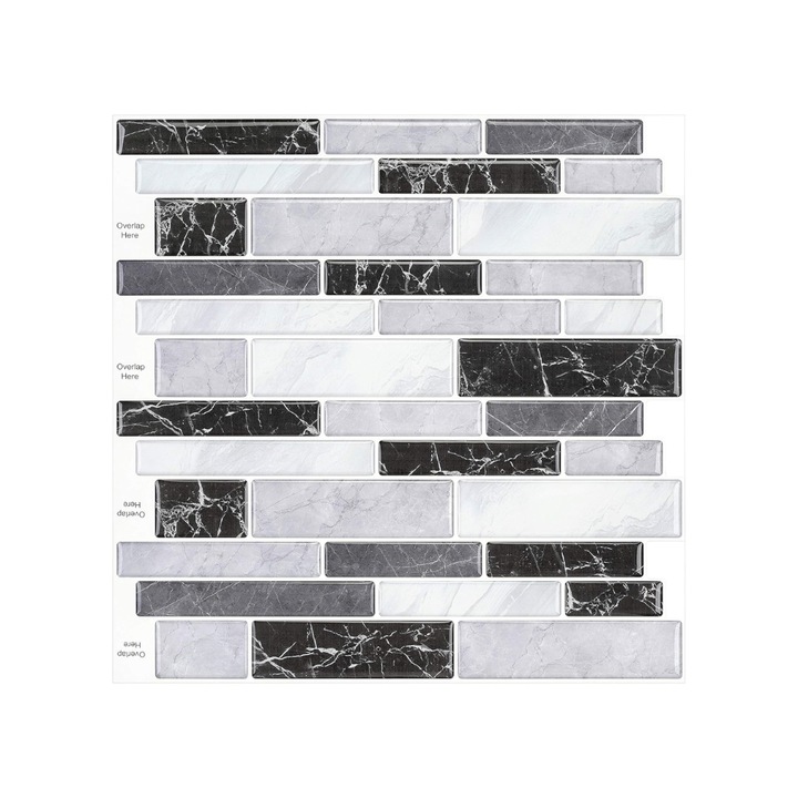 Set de 10 placi autocolante pentru perete, DEWOO, din vinil, pentru bucatarie si baie, 30.5 x 30.5 cm, cu aspect de marmura asimetrica, gri, alb si negru