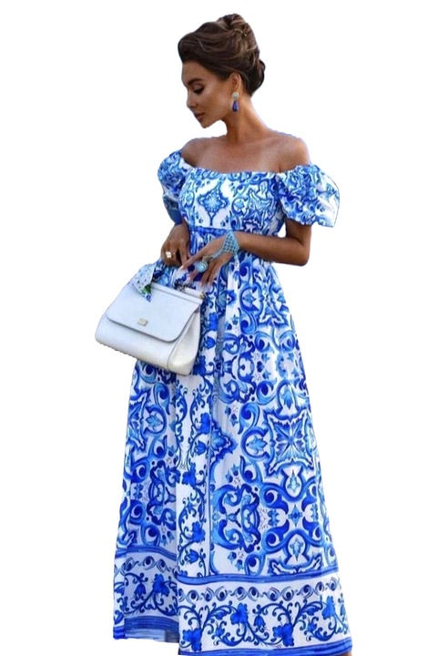 Рокля TORA, с голи рамене и бухнали ръкави, синя, универсален размер S/M