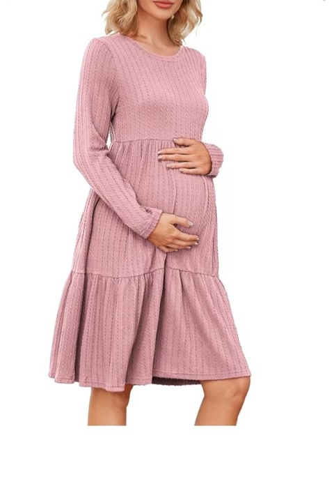 Rochie de maternitate pentru femei, maneca lunga si decolteu rotund, tricot cu nervuri, elastica, Roz, Roz