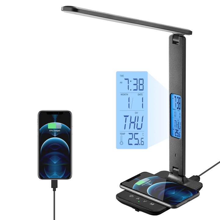 Lampa de birou cu incarcator wireless, port USB, ceas, alarma, data, temperatura, pliabila, negru, 50cm
