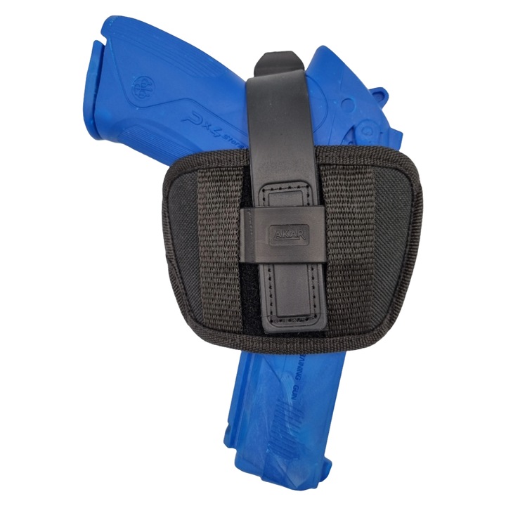 Toc pentru pistol AKAR B7212, universal, OWB, din polyester, negru, ambidextru, cu prindere pe centura, compatibil Glock, Beretta PX4 Storm, Springfield XD-9, HS 9, 9×19, Parabellum, HK, Walther P99, CZ 75 P-07, P-09, Fort si modele similare