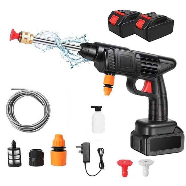 Aparat De Spalat Cu Presiune Portabil SIKS, Fara Fir, Pistol Cu Apa Cu 3 Moduri De Functionare, Pentru Casa, Gradina, Masina, Recipient spuma, Filtru si Duze incluse, 2 Acumulatori, Negru