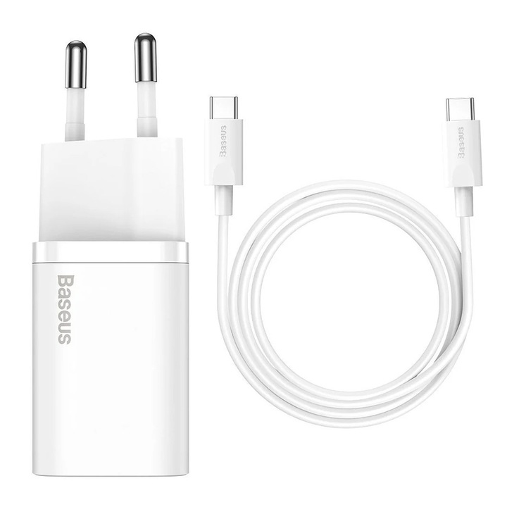 Baseus TZCCSUP-L02 hálózati töltő, USB-C port, 25 W, kábellel, fehér színű