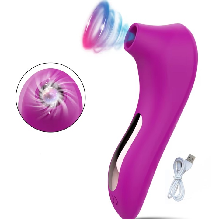 Вибратор 2 в 1, Двойно удоволствие за жени, Водоустойчив, За клитор и гърдите, 10 режима на вибрация, Функция за засмукване, USB зареждане, Силикон, Лилав