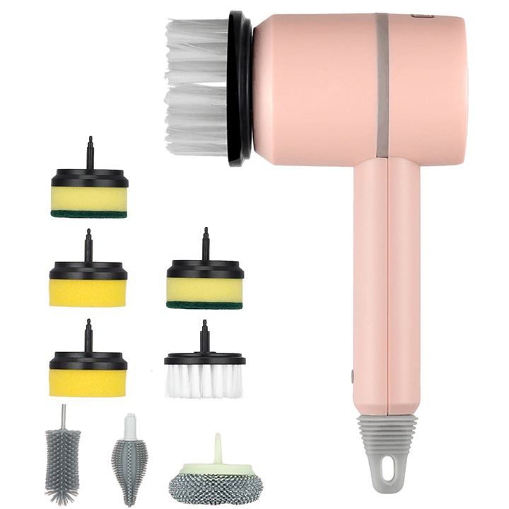 Hordozható többfunkciós elektromos kefe készlet 9 cserélhető kefefejjel, USB porttal, rózsaszín
