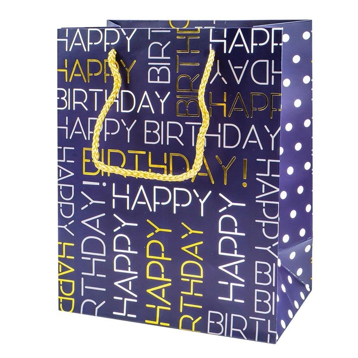 Punga cadou premium Happy Birthday 18x23x10 cm, aplicatii metalizate, model 1