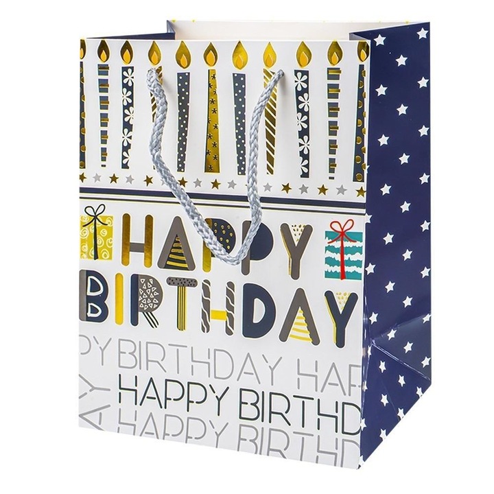 Punga cadou premium Happy Birthday 26x32x12 cm, aplicatii metalizate, model 2