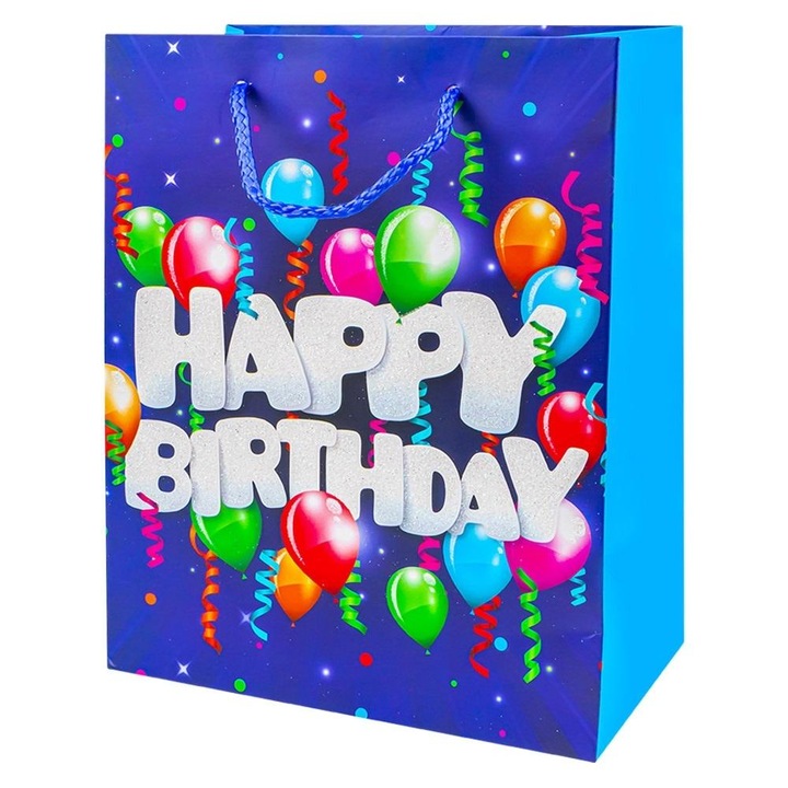 Punga cadou premium Happy Birthday 30x42x12 cm, aplicatii sclipici, model 2