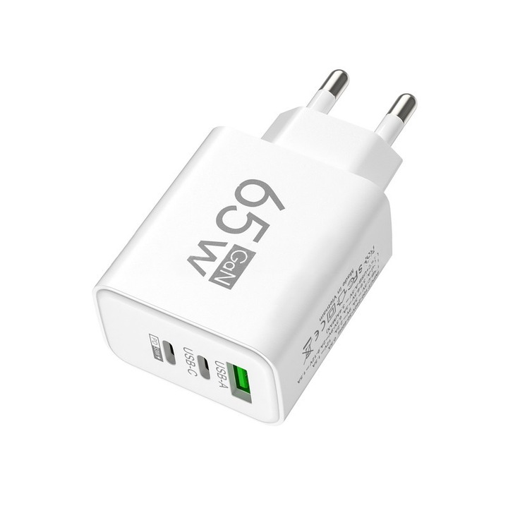 Incarcator pentru tableta pentru telefon mobil, incarcator rapid 65w 1USB+2 PD, adaptor mobil 5v2a pentru cariera, acasa, calatorii, tur, alb