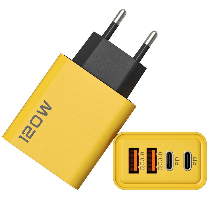 Incarcator pentru telefon mobil si tableta, adaptor PD dublu de incarcare rapida de 120 W, 2 USB+2PD