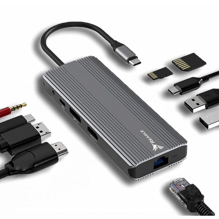 Hub USB C 10 in 1 cu HDMI 21 8K 30Hz 4K 144Hz DisplayPort 14 100W Power Delivery RJ45 USB 32 Gen1 cititor carduri jack 35mm aluminiu cablu nailon compatibil MacBook iPad laptop Reagle