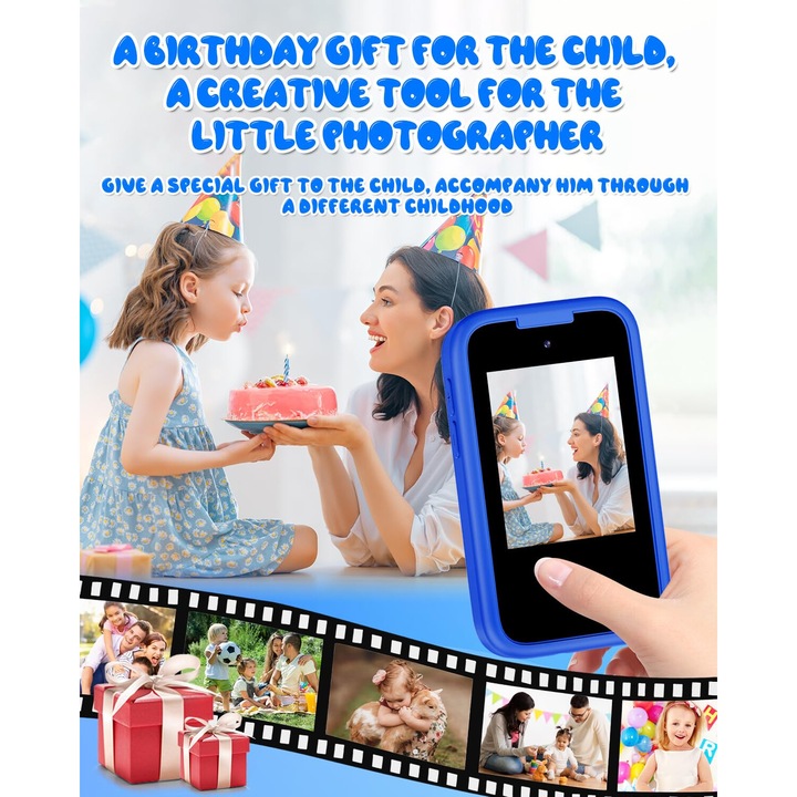 Telefon interactive pentru Copii, Dual Camera, Jucarii de invatare cu ecran tactil pentru fete cu camera dubla, 8GB card SD, dinosaur, WALALLA, Albastru, 3-8 ani