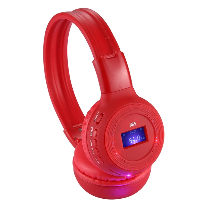Casti wireless Over-Ear, pliabile, stereo HiFi, fara fir, ecran LCD, slot de card TF, indicator LED, functie FM, rosu