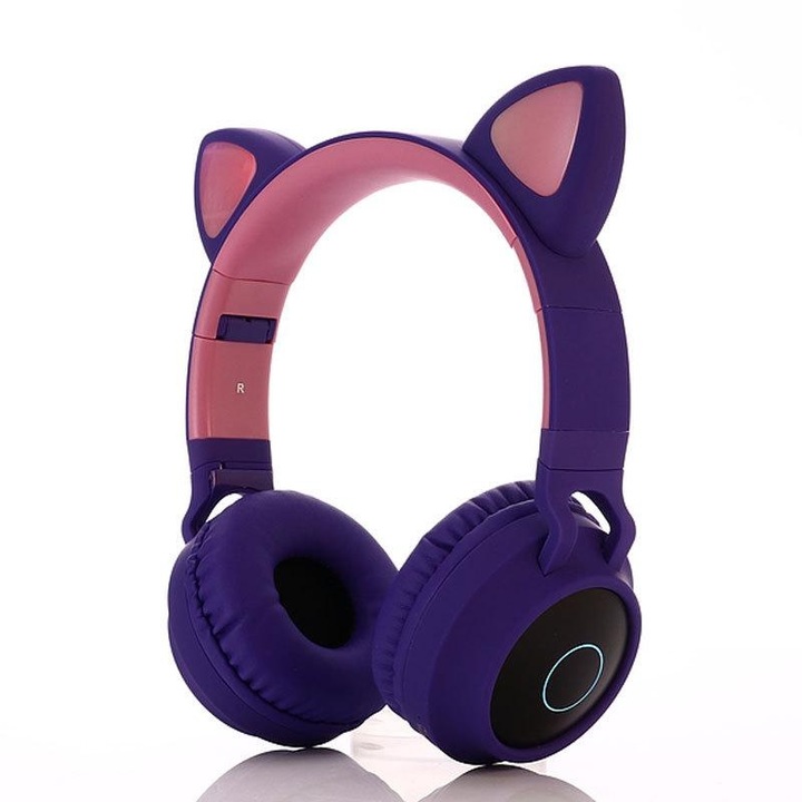 Casti wireless Over-Ear, BT028C Cute Cat Ear, Bluetooth 5.0, pliabil, lumina LED, radio FM, slot pentru card TF, functia de microfon, mov incantator