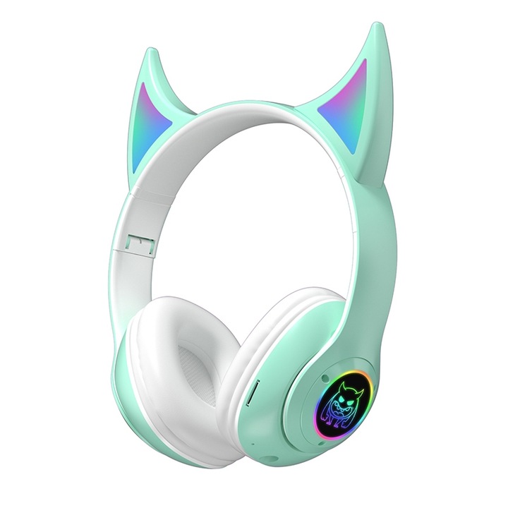 Casti wireless Over-Ear, STN25 ureche de diavol RGB Light, Wireless, prietenoase pentru copii, cu microfon incorporat, Verde