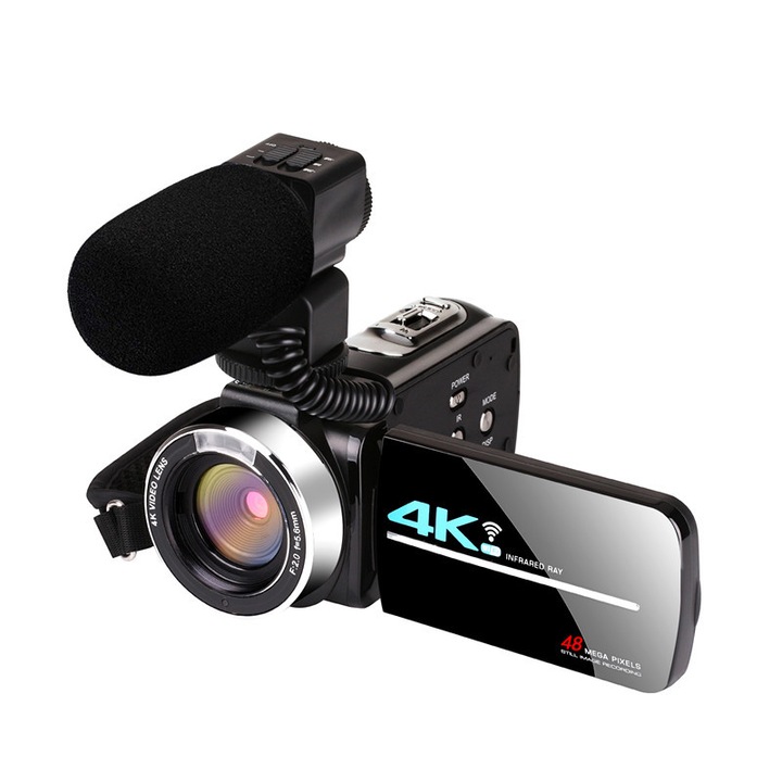 Digitális kamera, 4k HD, érintőképernyő, WiFi átvitel, arcfelismerés, 18x, infravörös éjszakai látás, rázkódásgátló, távirányító támogatása fényképek készítéséhez, széles látószögű objektív, mikrofon