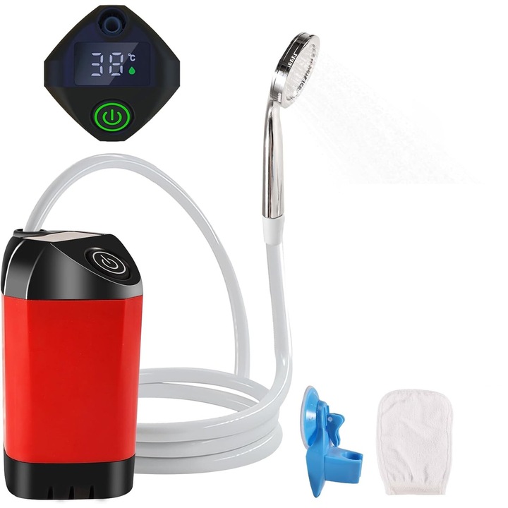 Преносим душ за къмпинг с електрическа помпа и акумулаторна батерия 3800 mAh, LED дисплей за температура, 5 л/мин, водоустойчив, за туризъм, риболов, миене на коли, животни