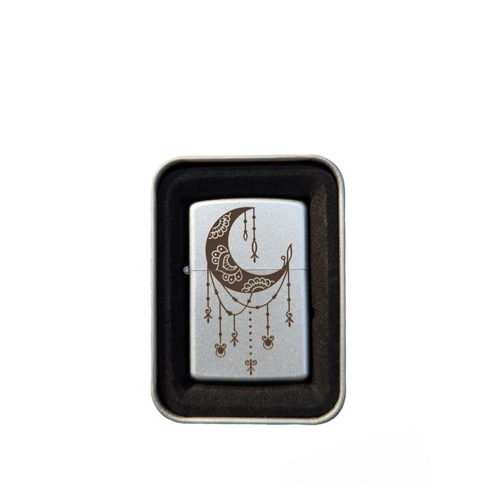 Bricheta cu benzina, Flacara Ajustabila, Reincarcabila, gri, 6 cm, gravura unica Mandala Moon
