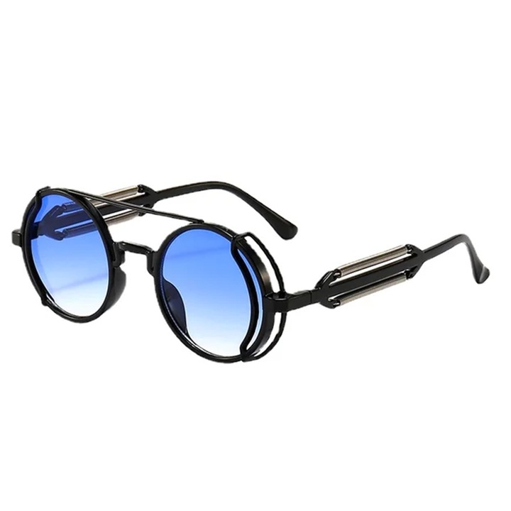 Ochelari de soare unisex, model rotund cu rama speciala, tematica steampunk summer dream, EFAYN, Universala, Albastru