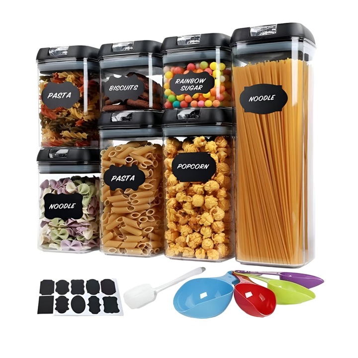 Set Cutii de Depozitare a Alimentelor, Flippy, 7 Recipiente, 10 Etichete Reutilizabile, 4 Linguri, pentru Bucatarie, Spatula, Etansare, Fara BPA, Transparente, Capac Negru