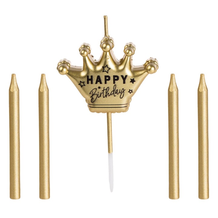 Комплект златни свещи за рожден ден, корона за честит рожден ден - 5 броя
