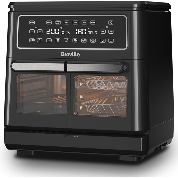 Friteuza dubla cu aer cald, Breville, Halo Flexi, Digital, 11L, 2400W, 240 grade, 12 moduri de gatire, functie de oprire automata, negru