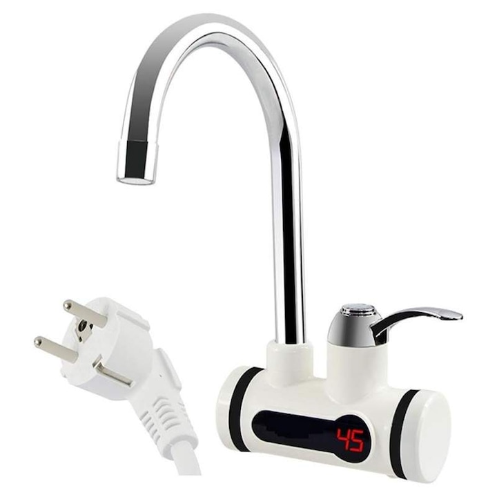 Robinet Electric Instant SIKS Cu Incalzire Instantanee a Apei, Pentru Bucatarie Sau Baie, Afisaj LCD, Reglare Temperatura Apa, Cu Montare Pe Perete, Alimentare Priza, Design Modern, Alb