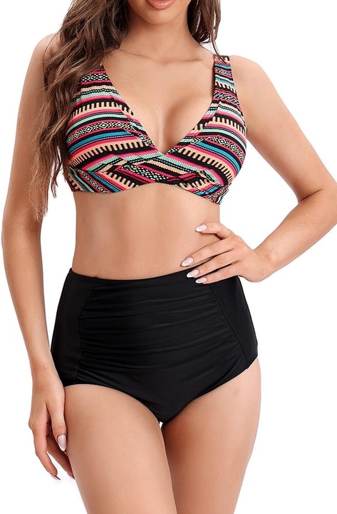 Дамски бански LA ORCHID две части, долнище с висока талия, многоцветни