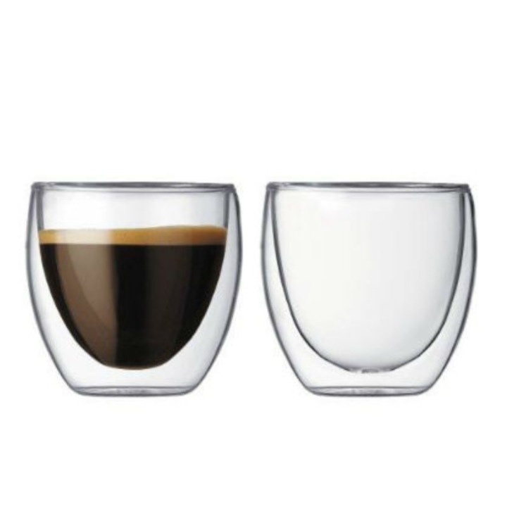 Set 2 pahare cu perete dublu din sticla termorezistenta borosilicata pentru Esspreso/Ristreto/Ceai Hot&Cold 80ml