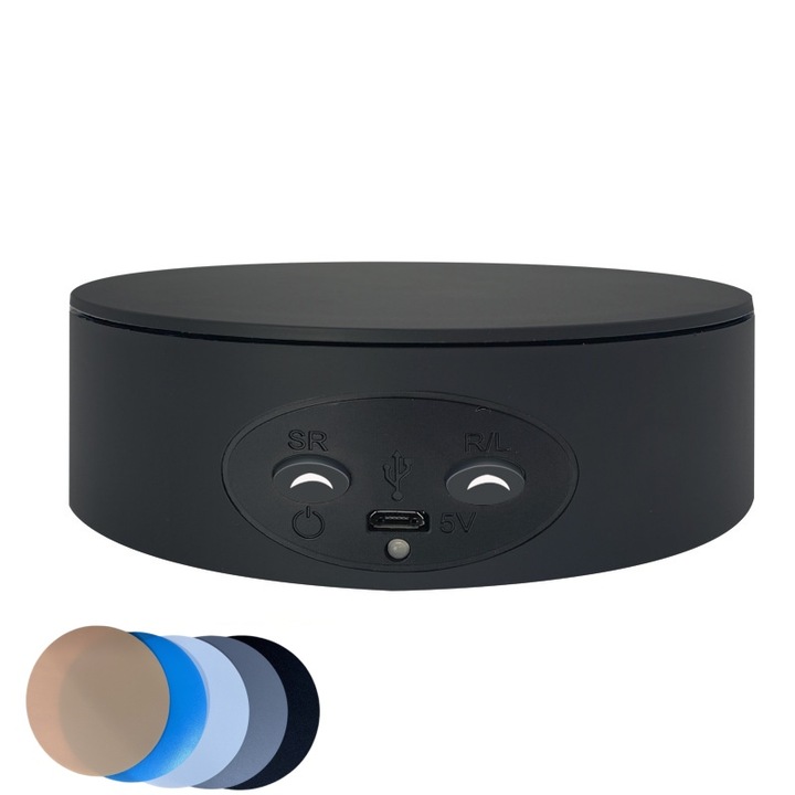 Elektronikus forgatható fotóasztal, GOSTOCK®, 13 cm átmérő, értekezletekhez és videózáshoz, maximális súly 2 kg, fényes fekete