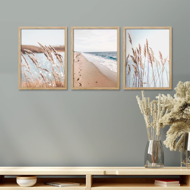 Tablou Canvas Framed SIGNFORD, Set 3 Piese, Natura Boho, 30x40 cm, MDF + Plexiglas, Stil Nordic, Tonuri Neutre