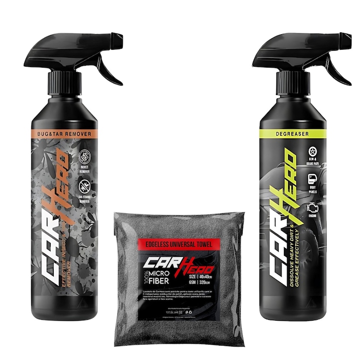 Pachet Prespalare, Car Hero, Bug & Tar + Degreaser + Laveta Microfibra, Solutii profesionale Detailing Auto, 500ml fiecare