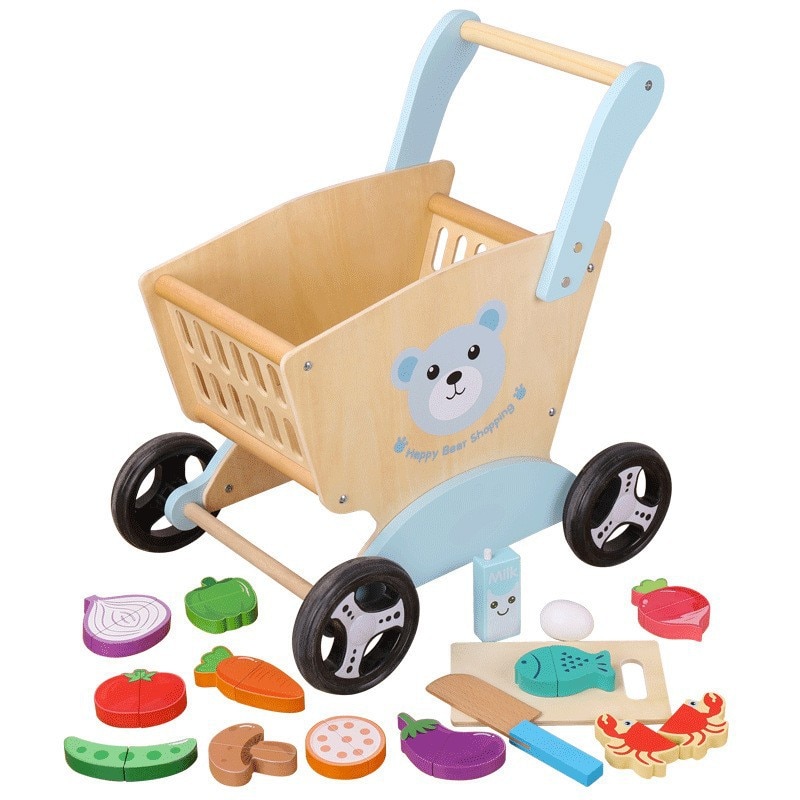 Carucior cumparaturi Mappy, cu produse, din lemn, 16 piese
