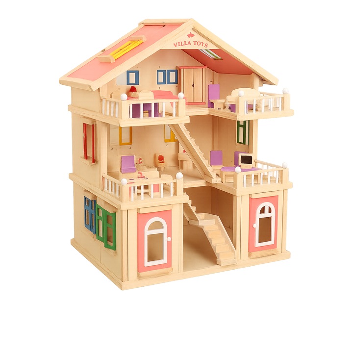 Casuta din lemn pentru papusi, Mappy, 3 etaje cu mobilier si 6 figurine, inaltime 70 cm, multicolor