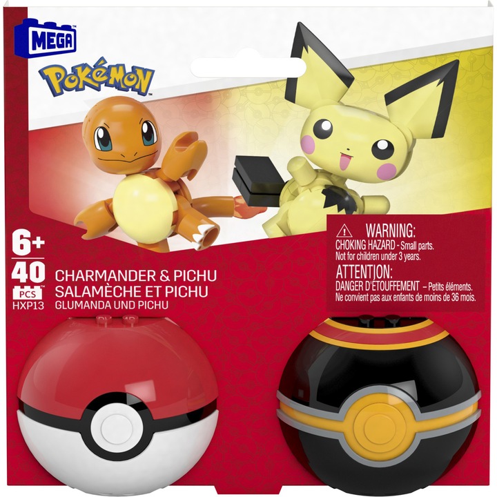 Set de constructie Pokemon Mega Construx - Doua Bile, Charmander si Pichu, 40 piese