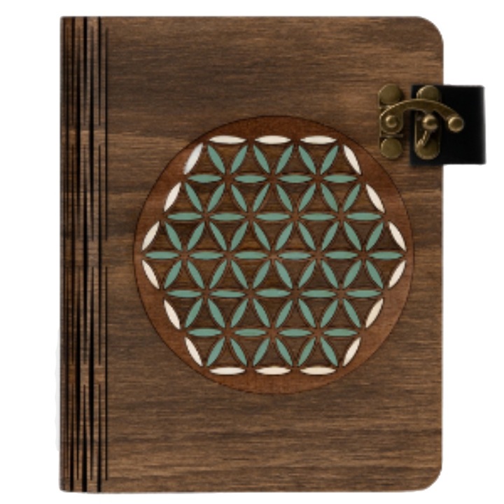 Album foto din lemn I Wood Be, model Floarea Vietii, coperta gravata si pictata, personalizabil, 176 fotografii, A4, 25x30x5 cm