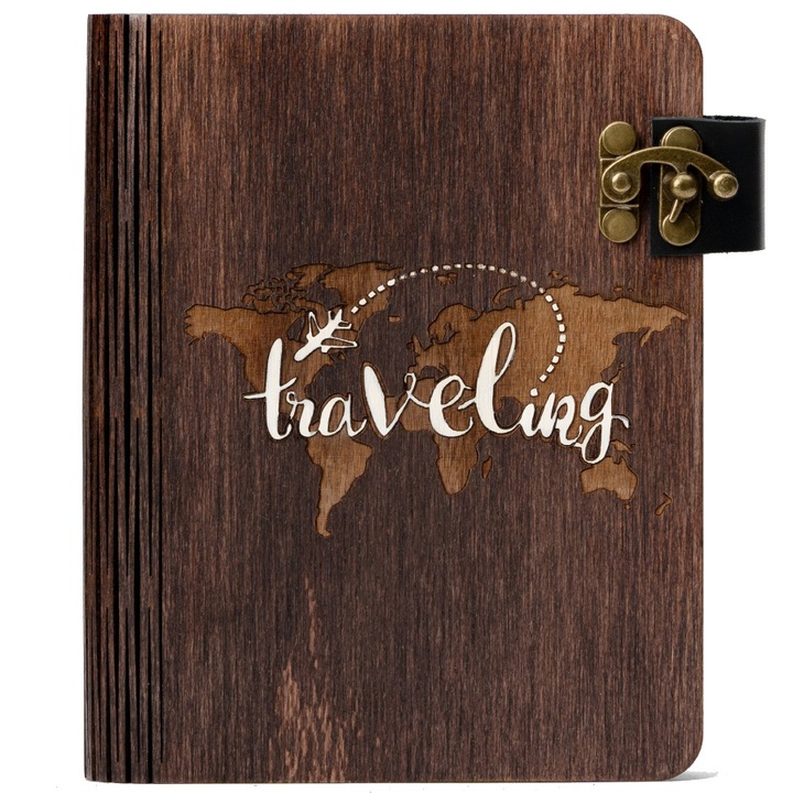 Album foto din lemn I Wood Be, model Traveling, coperta gravata si pictata manual, 144 fotografii, A5, 19x23x4 cm