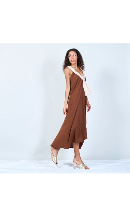 Rochie Dama DOREMI, Asimetrica, Bretele contrast, Chic, Smart Casual, Maro Cafea, One Size INTL