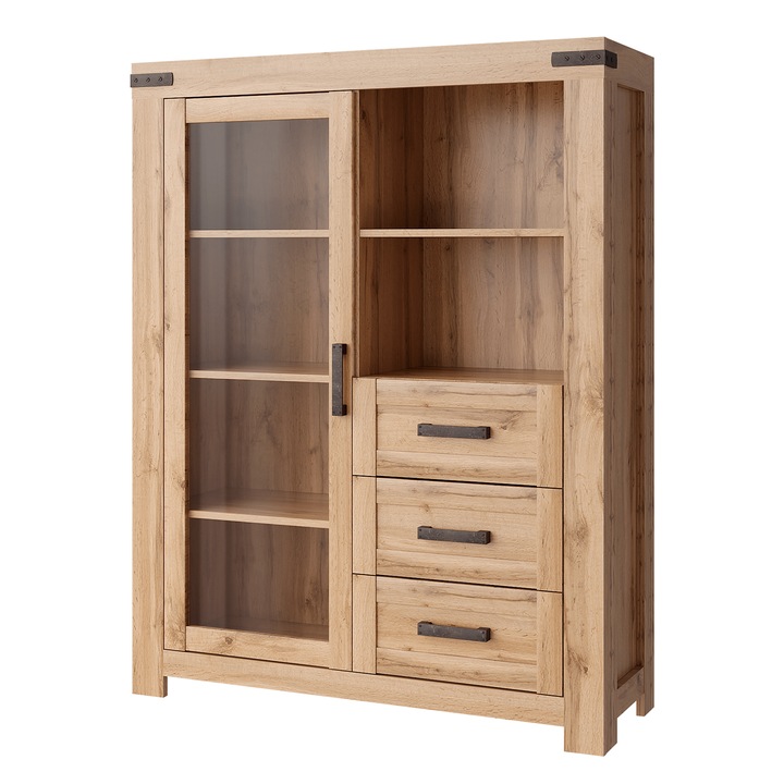 Vitrina, stejar wotan, din PAL laminat, MDF, cu 3 sertare, rafturi, moderna si calitativa, living, 112, 4x40, 1x146, 2 cm
