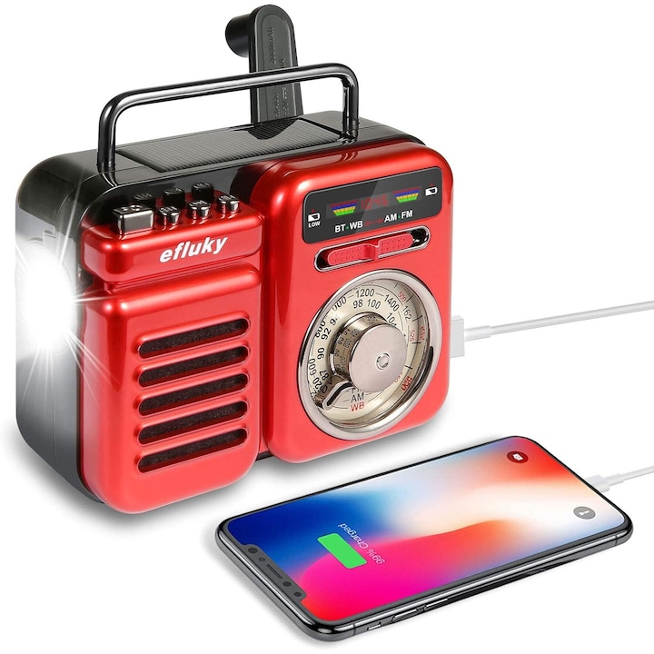 Radio Retro Portabil Efluky, FM/AM/WB, Bluetooth, Powerbank, Lanterna LED, SOS Alarm, Ceas si Alarma, Ideal pentru Camping si Urgente, Rosu