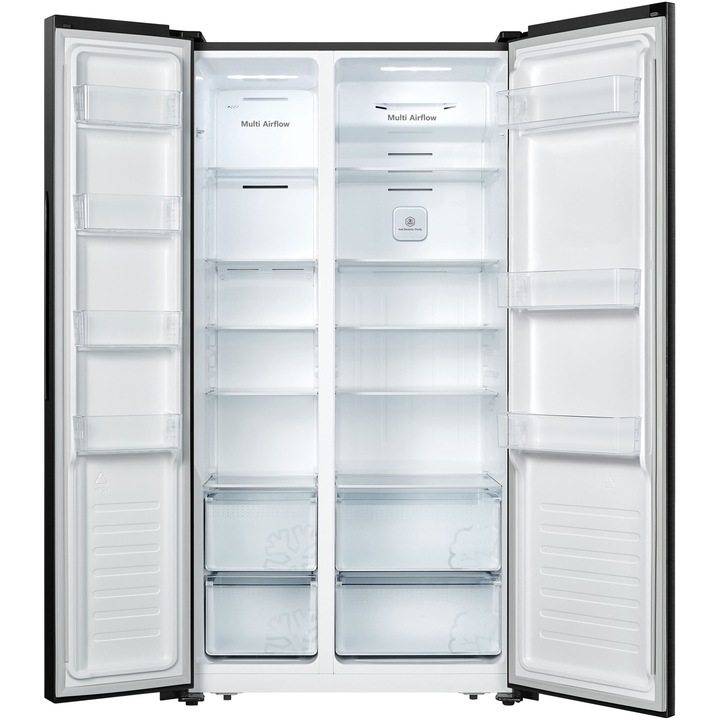 Side by side Heinner HSBS-HS519NFBKE++, 519 l, Full No Frost, Clasa E, Display touch, Alarma usa deschisa, H 1786 cm, Negru
