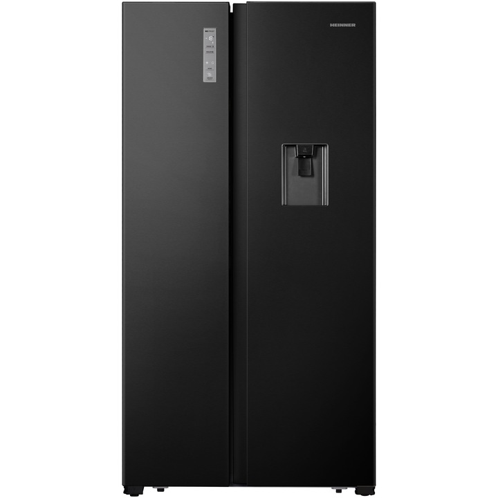 Heinner HSBS-HS519NFBKWDE++ Side by side hűtőszekrény, 519 l, Full No Frost, E energiaosztály, vízadagoló, Display touch, Nyitott ajtó riasztás, M 1786 cm, Fekete