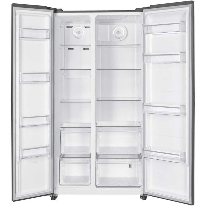 Side by side Heinner HSBS-HM532NFGWHE++, 532 l, No frost, Display LED, Clasa E, Smart, Alarma usa deschisa, H 177 cm, Sticla alba