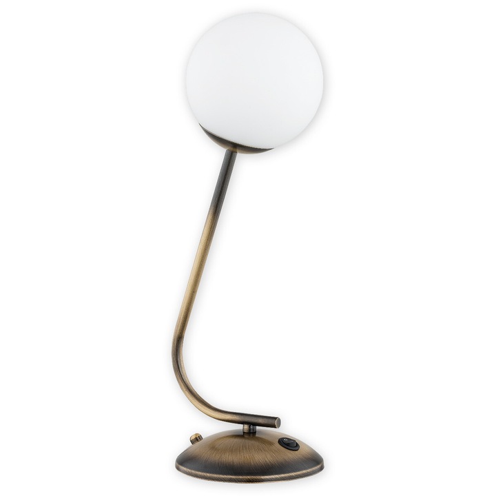 Lampa de masa Lemir Nol, otel patinat, abajur sticla mata, 14x17x46cm