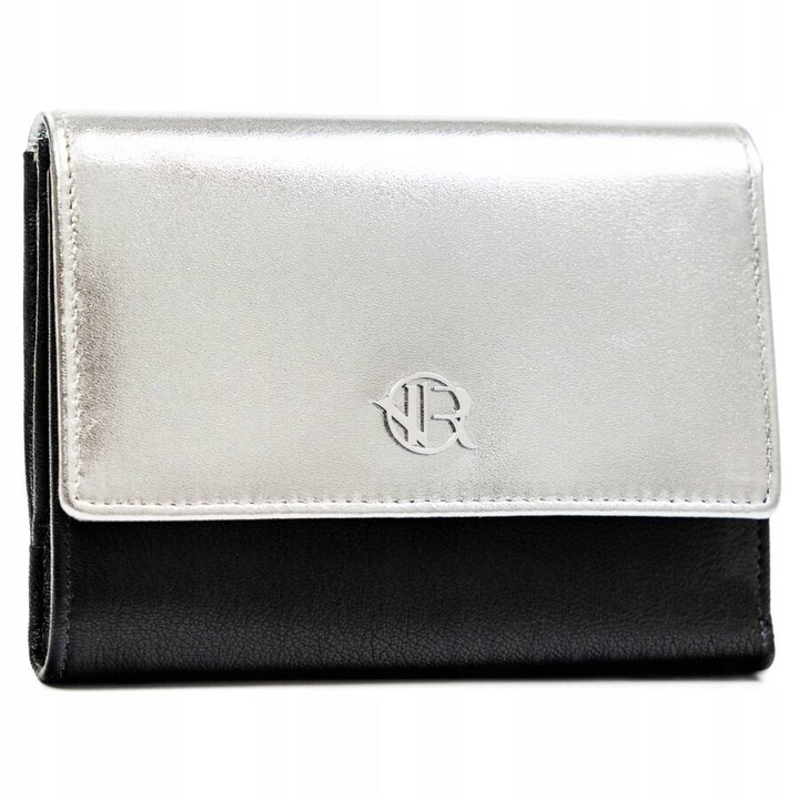 Дамско портмоне Rovicky, естествена кожа, RFID, множество отделения, черно/сребристо