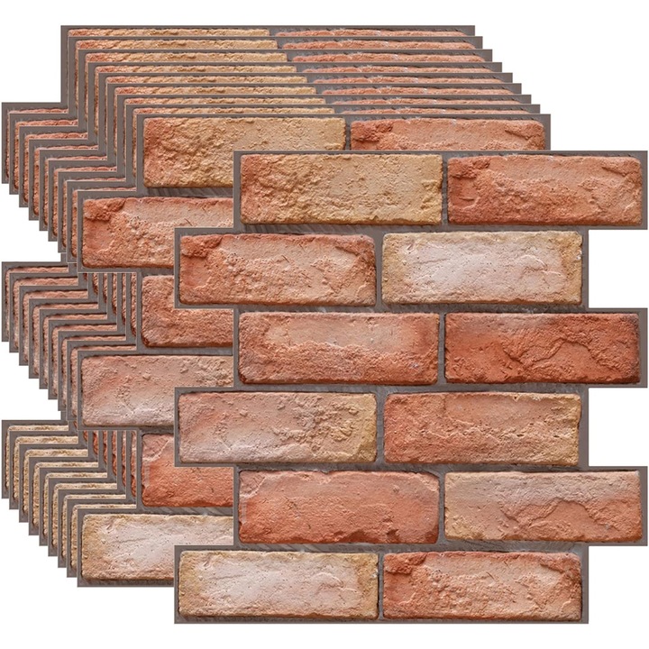Set 20 autocolante 3D autoadezive imitatie caramida rosie, 30x30 cm, rezistente la apa si mucegai, pentru pereti interiori, bucatarie, living, dormitor